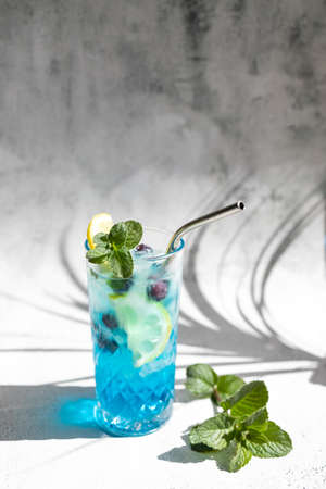Curacao blue cocktail with fresh blueberries and lemon wedges, garnished with mint with trendy shadows. Summer refreshing soft drink. View from aboveの写真素材