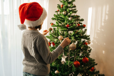 New Years and Christmas. A teenage girl in a santa claus hat decorates the Christmas tree with garlands. Decorating your home for the holidaysの写真素材