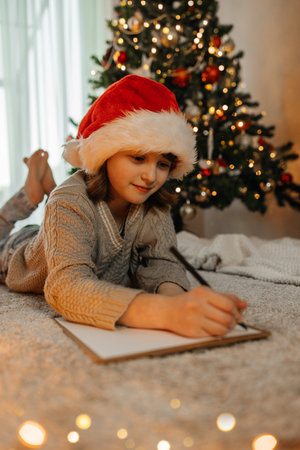 A girl in a red santa claus hat writes a letter to Santa Claus on the background of the Christmas treeの写真素材