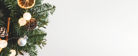 Christmas banner made from natural materials. Ideal for website design. Christmas wreath