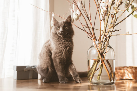A cute gray cat helps decorate the house for Easter. Kitten next to a bouquet of willow decorated with Easter eggs.の写真素材