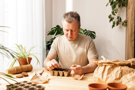 A man is planting tomato seeds at home. Gardening and cultivation of vegetables and herbs in the apartment. home garden.の写真素材