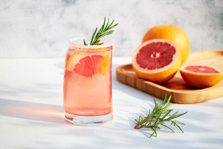 Elegant glass with a fresh, cooling cocktail of fresh grapefruit or red orange with ice cubes and a sprig of rosemary on a gray background on a bright sunny day. Vacation and summer drinks concept.の写真素材