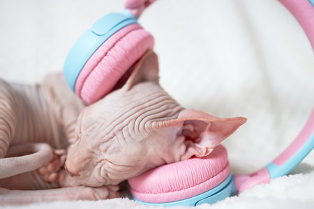 A cute sphinx horse listens to music on headphones while lying on a white blanket. Funny pets. musical catsの写真素材
