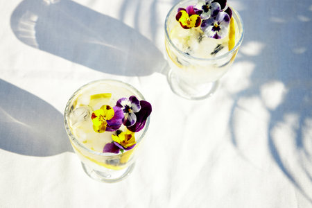 Cold lemonade with citrus and edible flowers. Cool healthy summer drinks and cocktails. Detox waterの写真素材
