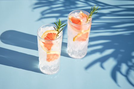 A chilled cocktail with fresh grapefruit slices and a sprig of rosemary under the shade of palm trees. Summer cold drinks. Soda with citrusの写真素材
