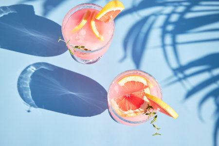 Top view of chilled cocktail with grapefruit and thyme sprig. Cold summer drinks with fruits.の写真素材