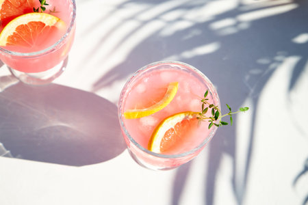 Top view of chilled summer drinks with grapefruit or red orange on a wooden tray on a bright sunny day.Cool cocktail with citrus juice.の写真素材