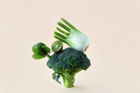 Fresh green vegetables and fruits on a beige background. Balancing Organic Productsの写真素材