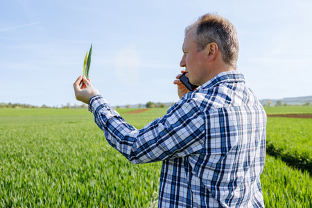 A male farmer is talking on the phone and checking the risen rye crop in the field. Modern technologies in agricultureの写真素材