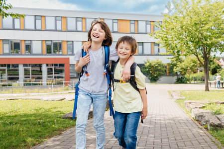 A boy and a girl, brother and sister with backpacks on their backs go to school together in an embrace. Beginning of the school year. Children are happy to learnの写真素材