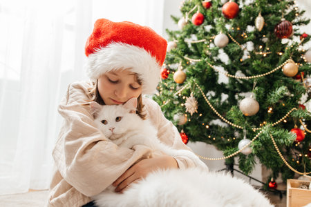 Portrait of a happy teenage girl and her gray maine coon cat next to a decorated Christmas tree. Friendship with petsの写真素材