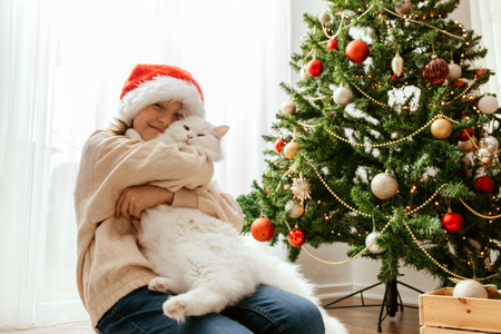 Portrait of a happy teenage girl and her gray maine coon cat next to a decorated Christmas tree. Friendship with petsの写真素材
