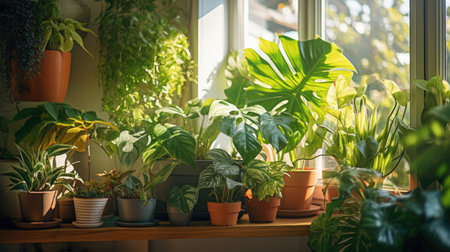 A variety of green home plants in clay pots stand next to the window in the bright sun.の素材