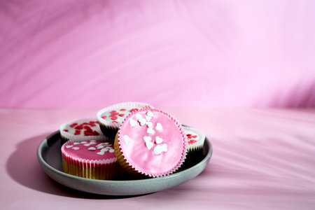 Sponge cake cupcakes with icing decorated with sugar sprinkles in the shape of hearts on a plate on a pink backgroundの写真素材