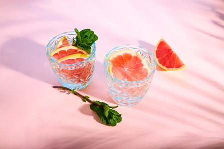 Refreshing chilled drinks with grapefruit and fresh mint in the bright rays of the sun. Summer cocktailsの写真素材