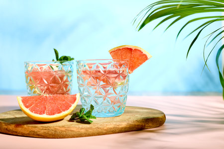 Refreshing chilled drinks with grapefruit and fresh mint in the bright rays of the sun under palm leaves. Summer refreshing cocktailsの写真素材