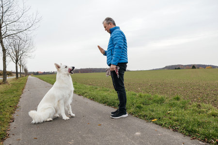 Man training a white dog obedience command outdoors