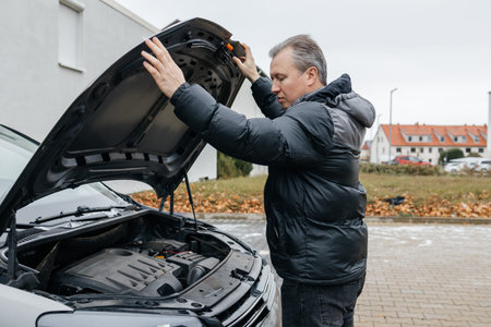Man inspecting car engine during roadside breakdownの写真素材