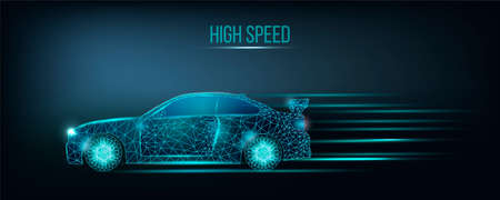 High speed car. Drive and fast race auto, power concept. Banner template with glowing low poly graphic arts. Futuristic modern abstract dark background. Vector illustration.のイラスト素材