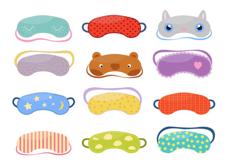 Set of different sleep masks in flat style. Sleeping eye protection wear accessory, for relax in traveling.のイラスト素材