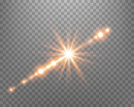 Sunlight lens flare, sun flash with rays and spotlight. Gold glowing burst explosion on a transparent background. Vector illustration.のイラスト素材