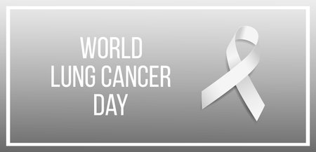 World Lung Cancer Day concept. Banner template with white ribbon awareness and text on gray background. Vector illustration.のイラスト素材