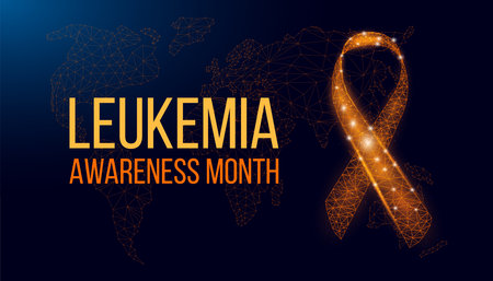 Leukemia awareness month concept. Banner template with glowing low poly orange ribbon. Wire frame modern abstract background. Vector illustration.のイラスト素材