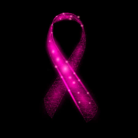 Pink ribbon awareness. Breast Cancer, Eosinophilic Diseases, Nursing Mothers, Birth Parents, Womens Health. Glowing wireframe low poly. Vector illustration.のイラスト素材