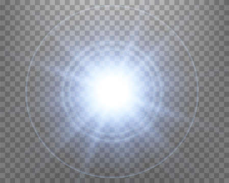 Blue sunlight lens flare, sun flash with rays and spotlight. Glowing burst explosion on a transparent background. Vector illustration.のイラスト素材