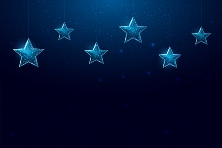 Wireframe stars, low poly style. Banner for the concept of Christmas or New Year with a place for an inscription. Abstract modern 3d vector illustration on blue background.のイラスト素材