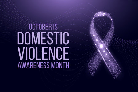 Domestic Violence Awareness Month concept. Banner template with glowing low poly purple ribbon. Futuristic modern abstract background. Vector illustration.のイラスト素材