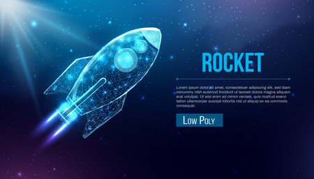 Wireframe polygonal rocket. Internet technology network, business startup concept with glowing low poly rocket. Futuristic modern abstract. Isolated on dark blue background. Vector illustration.のイラスト素材