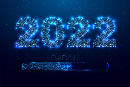 Happy new year 2022 greeting card. Low poly style design. Numbers from a polygonal wireframe mesh....