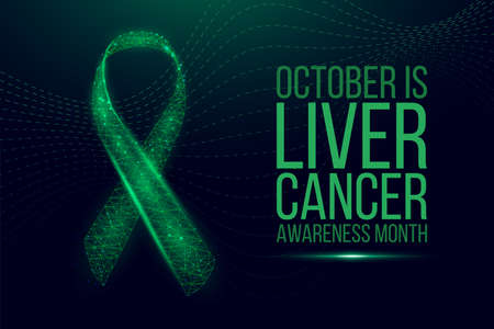 Liver Cancer Awareness Month concept. Banner with emerald green ribbon awareness and text. Vector illustration.のイラスト素材