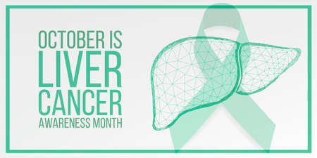 Liver Cancer Awareness Month concept. Banner with emerald green ribbon awareness and text. Vector illustration.のイラスト素材