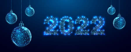 Wire frame Christmas balls and star, low poly style. Merry Christmas and New Year banner. Abstract modern 3d vector illustration on blue background.のイラスト素材