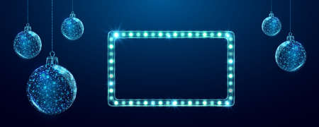 Christmas Movie night banner. Wireframe balls and light billboard, low poly style.のイラスト素材