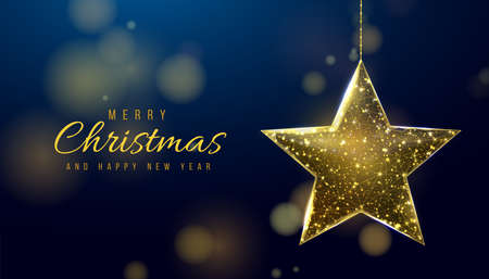 Wireframe gold star, low poly style. Banner for the concept of Christmas or New Year.のイラスト素材