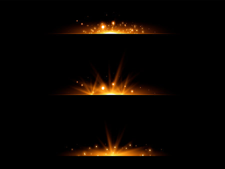 Gold horizontal lens flares set. Sun flash with rays or gold spotlight and bokeh. Yellow glow flare light effect. Vector illustration.のイラスト素材