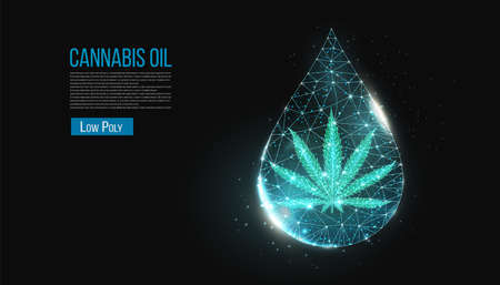 Cannabis oil concept. Low poly hemp and oil drop on black background. Marijuana leaf wireframe light connection structure, 3d polygonal graphic.のイラスト素材