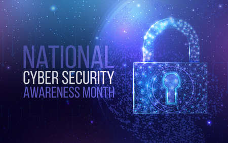 National Cyber Security Awareness Month. Wireframe polygonal padlock with globe map. Cyber security, world protection concept with glowing low poly lock.のイラスト素材