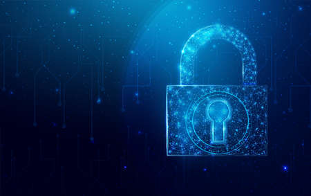 Padlock wireframe polygonal. Internet technology network, business idea concept with glowing low poly lock. Futuristic modern abstract. Isolated on dark blue background.のイラスト素材