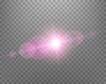 Sunlight lens flare, sun flash with rays and spotlight. Pink glowing burst explosion on a transparent background. Vector illustration.のイラスト素材