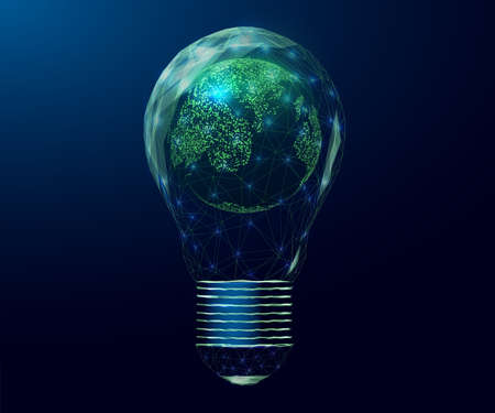 Planet Earth in a lightbulb. Saving energy ecology concept with Earth in glowing low poly bulb....