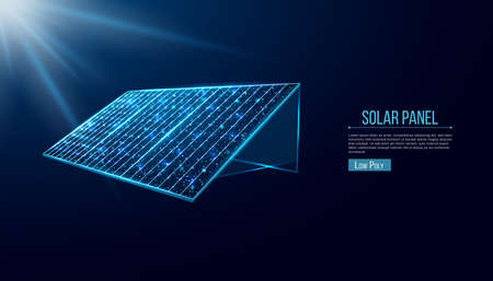 Solar battery, solar panel. Renewable alternative energy concept with glowing low poly panel on dark blue background. Wireframe low poly design. Abstract futuristic vector illustrationのイラスト素材