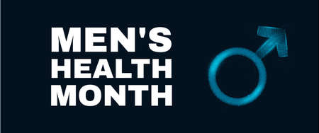 Mens health month concept. Banner template with text and glowing low poly blue male gender simbol. Vector illustration.のイラスト素材
