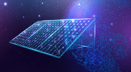 Solar battery, solar panel. Renewable alternative energy concept with glowing low poly panel on dark...