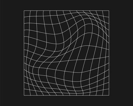 Cyber distorted grid, retro punk design element. Wireframe wave geometry grid on black background. Vector illustration.のイラスト素材