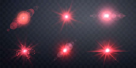 Red lens flares set. Isolated on transparent background. Sun flash with rays spotlight and bokeh. Red glow flare light effect. Vector illustration.のイラスト素材